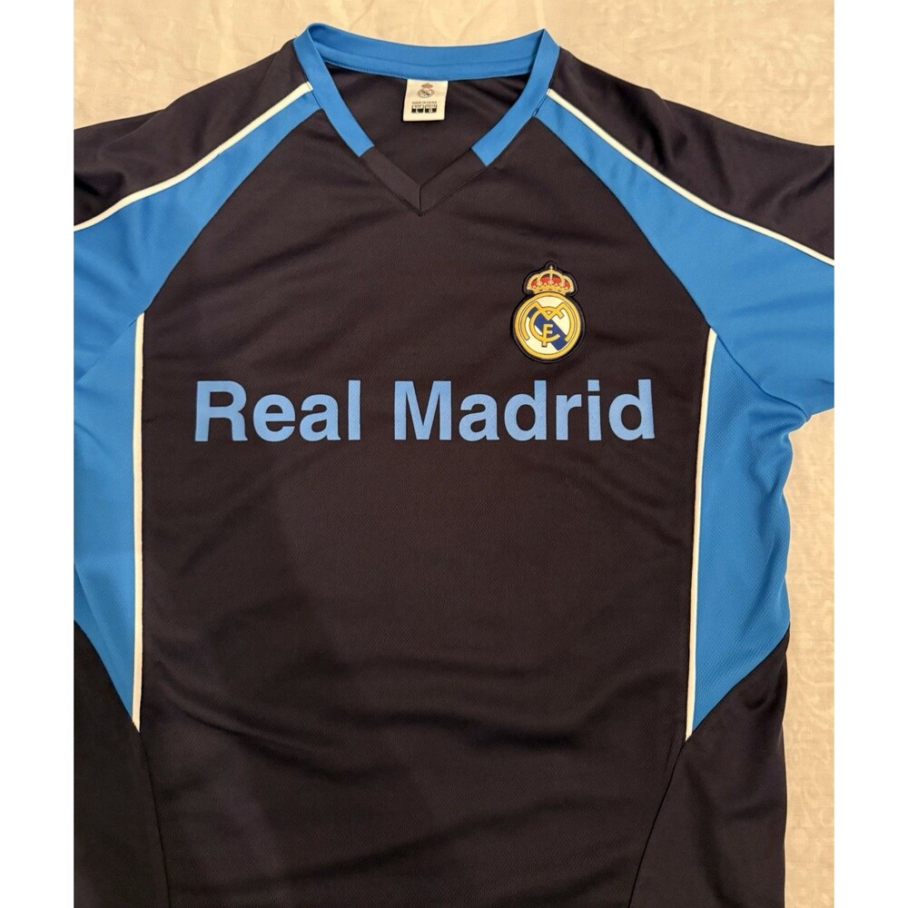 Real Madrid CF Shirt Mens Large Navy Blue Soccer Short Sleeve Fan Jersey V-Neck